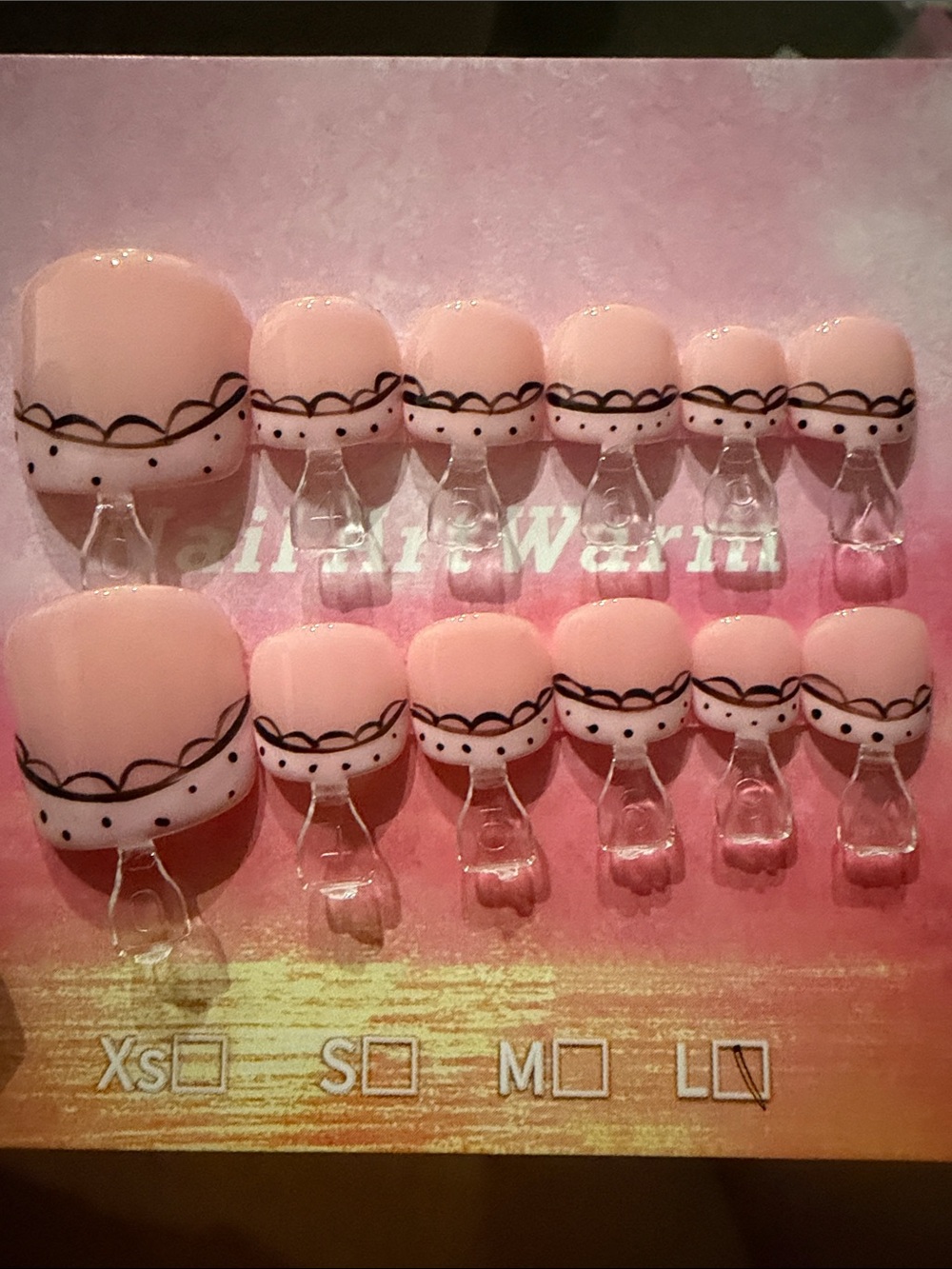 Pink polkadot handmade acrylic Press-On Nails with Black Dotted Trim